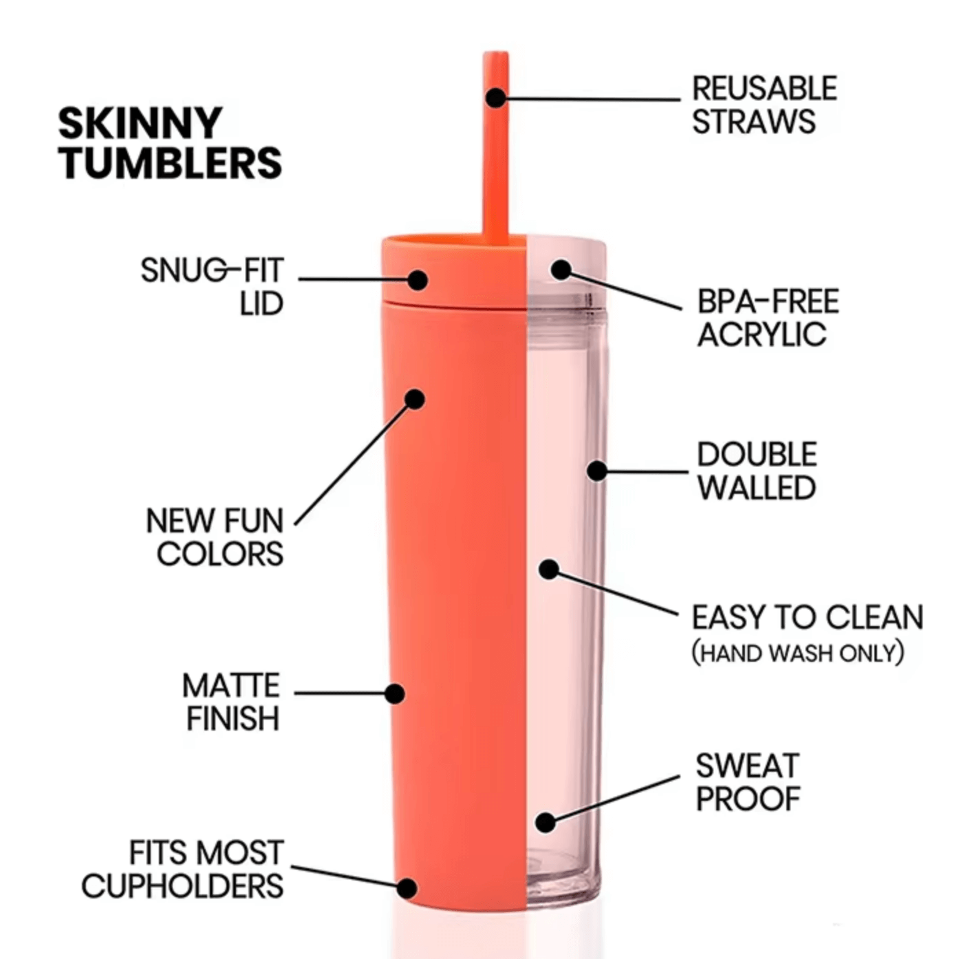 Colored Skinny Tumblers 16oz Reusable Cup Double-Wall Clear Tumbler with Lid and Straw Durable Acrylic Tumblers - Image 7