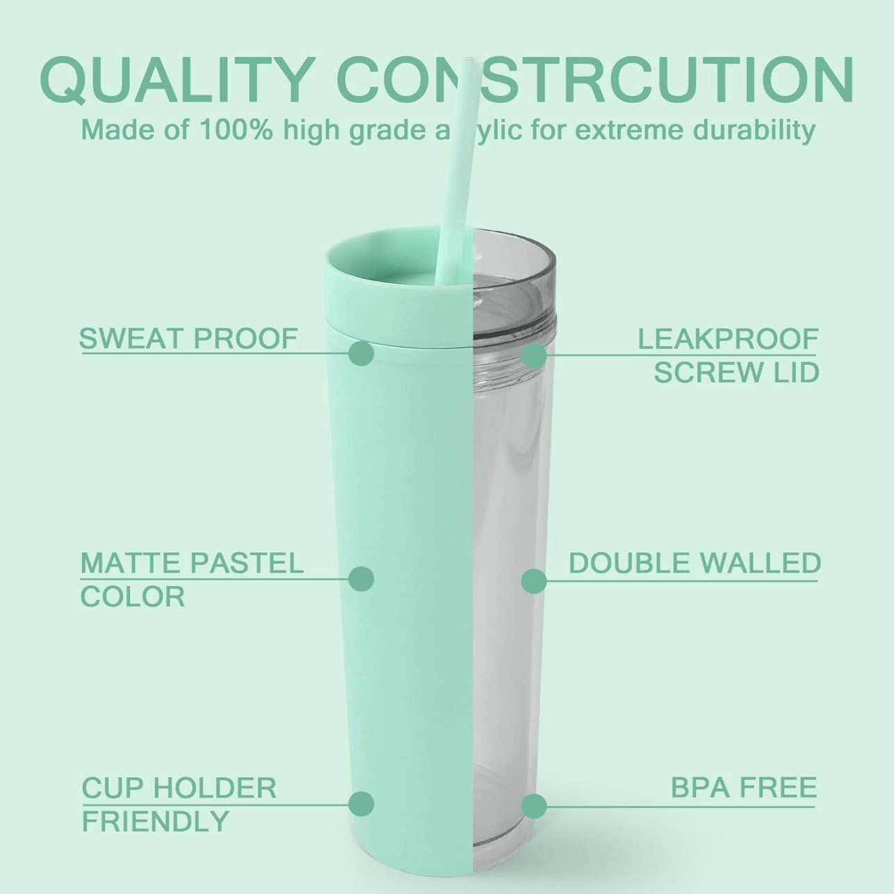 Colored Skinny Tumblers 16oz Reusable Cup Double-Wall Clear Tumbler with Lid and Straw Durable Acrylic Tumblers - Image 5